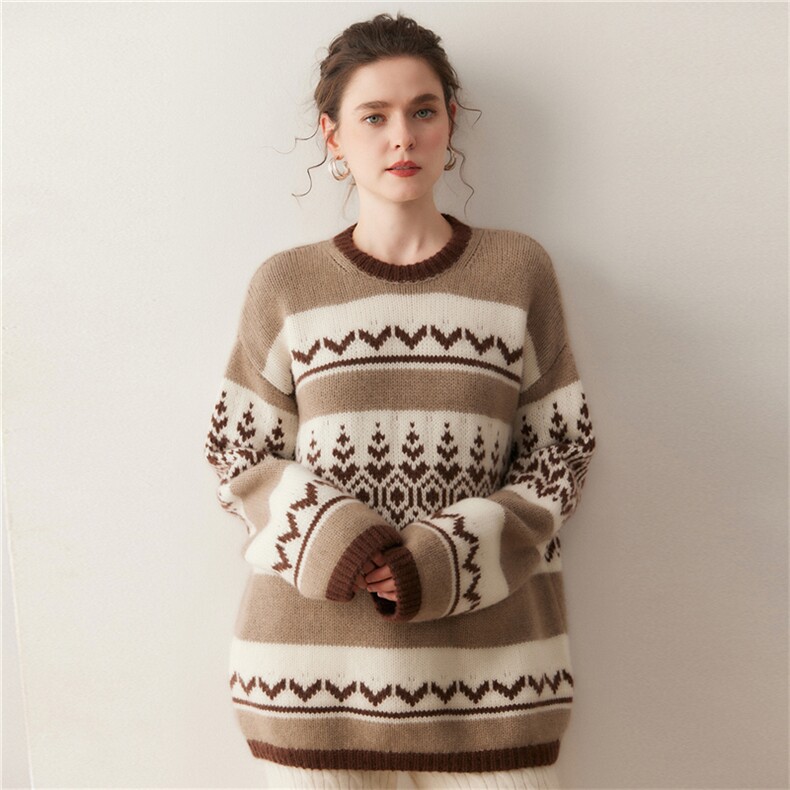 慵懒宽松提花山羊绒衫女加厚大毛衣2025秋冬圆领针织羊毛衫，女装针织衫/毛衣，溪贝羊绒