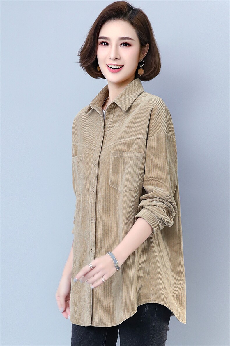 灯芯绒衬衫女士2024新款春秋妈妈装中长款大码胖妈妈衬衣高端外套,女装衬衫,靓衣阁