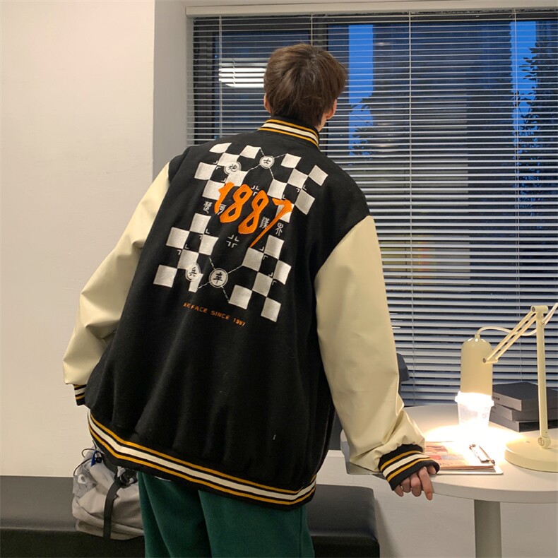 J60-P90 棋格呢料拼皮夹克图片