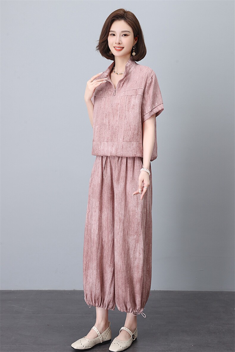 妈妈夏季天丝套装女2025新款时尚休闲宽松洋气减龄显瘦遮肉两件套,女装套装/套裙,雪樱依海
