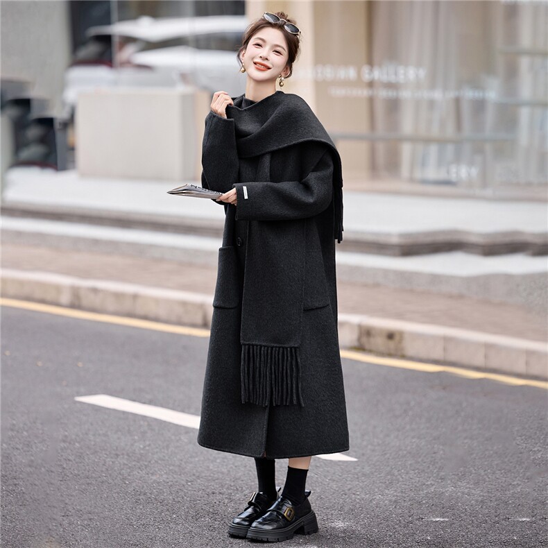 双面羊毛大衣女2025春秋气质围巾连帽小香风时尚毛呢外套两件套潮,女装双面呢大衣,琦鑫阁（原依鑫阁）
