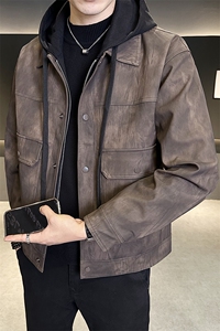假两件皮衣男连帽可拆卸款高级感皮夹克外套男C317-6662-P160图片
