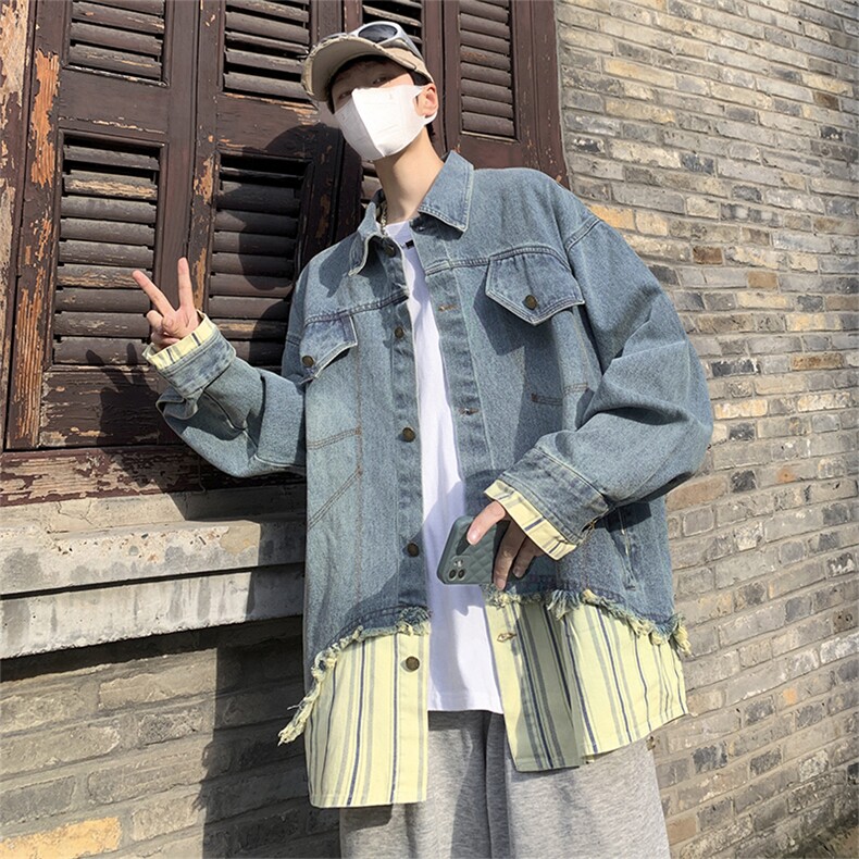 港风复古秋季假两件拼接牛仔外套男宽松慵懒风夹克上衣J8619-P65,男装夹克,星座1008