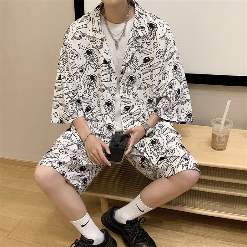特P45控88-夏装冰丝短袖衬衫短裤休闲套装男生沙滩裤两件套XTZ226,男装T恤,电商B370