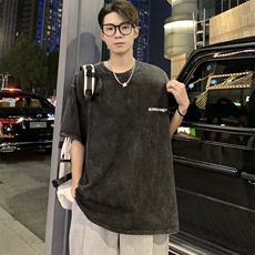 220克水洗做旧短袖T恤棉M-3XL情侣男女V1宽松圆领半袖潮团队，男装T恤，星座115A-3