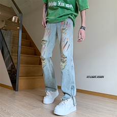 B221美式ins嘻哈色彩涂鸦小众拉链破洞牛仔裤LK23085-P65控88，男装牛仔裤，电商B221