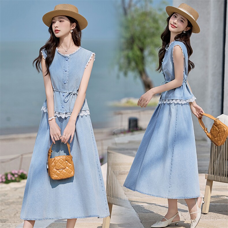 2025夏装新款水洗轻薄牛仔拼接裙子蕾丝花边甜美气质收腰两件套女，女装套装/套裙，时尚风爆