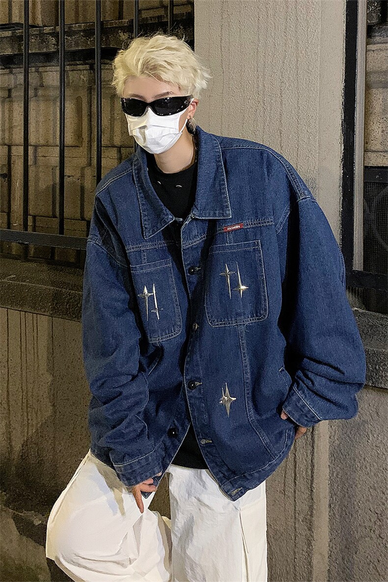 男装牛仔外套2026秋季几何绣标印花男生翻领夹克XZ514-2-N96-P88,男装工装外套,星座514-2(原B239)