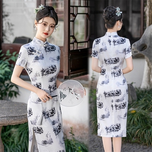 新中式风弹力水墨印花旗袍（有弹力） 2503 P120图片