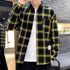 2021春季新款日系大码潮男佳乐纽扣翻领休闲格子衬衫C520-P40，男装衬衫，电商A001