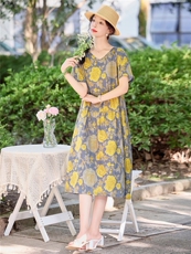 文艺气质黄玫瑰印花棉麻连衣裙女2026夏季新款大码宽松休闲A字裙，女装连衣裙，倪叶myz