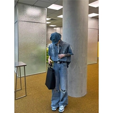 美式复古小众做旧牛仔衬衫男高街痞帅潮牌破洞牛仔裤衣服一套搭配，男装休闲套装，星座1210-1