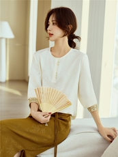 重工刺绣新中式白色衬衫女2026春季新款提花长袖内搭圆领衬衣上衣，女装衬衫，梦懿尔