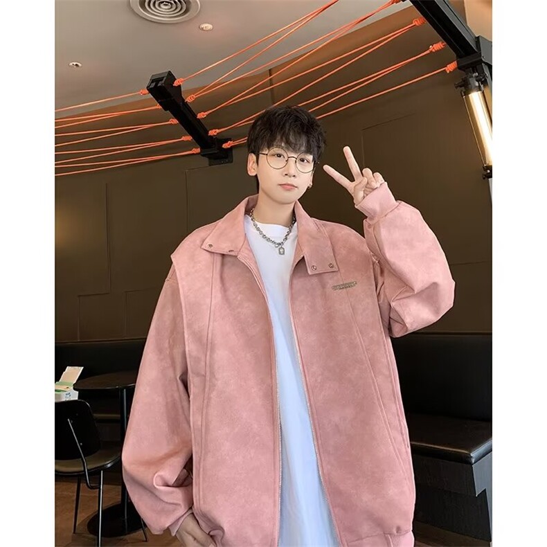 F443P80美式复古扎染PU皮衣外套男春秋款短款机车服高级感飞行,男装皮衣,星座512-6
