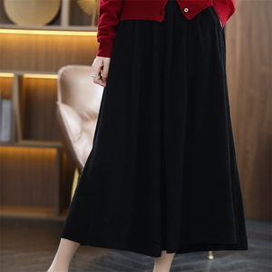 2022新款精纺羊毛半身裙女高腰中长款针织百褶A字裙羊绒大摆伞裙,女装半身裙,暖烁羊绒