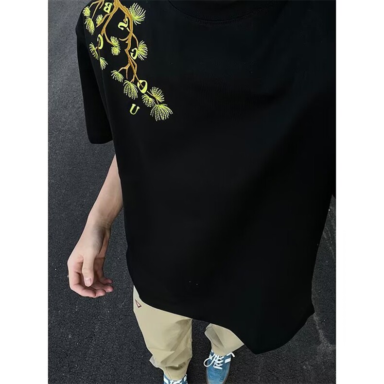 美式罗汉松刺绣短袖男夏季新款字母花卉重磅时尚T恤潮牌情侣半袖,男装T恤,星座506A