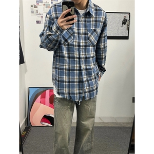 蓝色美式格纹衬衫男毛边格子长袖衬衣外套B326-P45图片
