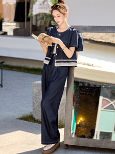 高级感蕾丝拼接天丝牛仔套装女2025夏季新款休闲宽松显瘦阔腿裤潮图片