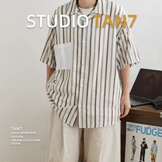 复古竖条纹衬衫男女古巴领夏季日系宽松古着休闲短袖衬衣JA35-P40，男装T恤，星座208-5