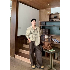原宿秋季2025美式复古潮牌条纹衬衫男装宽松休闲设计感长袖衬衣，男装衬衫，星座506A