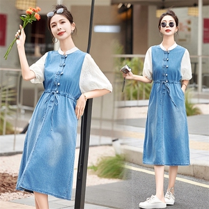现货主推2024年夏季新款新中式复古牛仔拼接连衣裙牛仔裙A字裙图片
