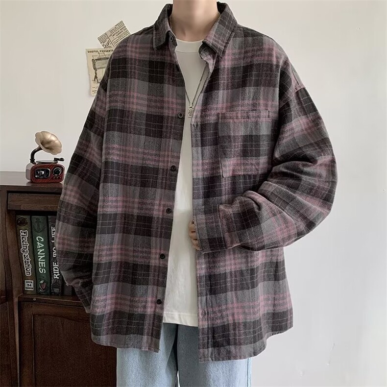 C22-P40男士格子衬衫长袖港风潮牌帅气衬衣高中生宽松衣服,男装衬衫,电商B323A