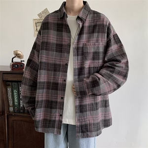 C22-P40男士格子衬衫长袖港风潮牌帅气衬衣高中生宽松衣服