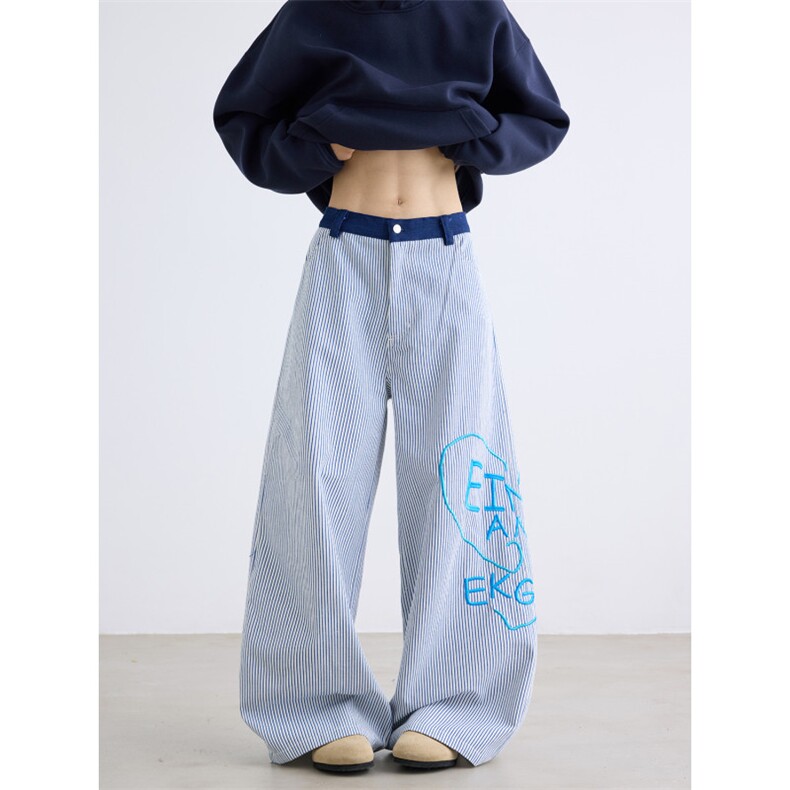 得物品质秋款男女休闲裤阔腿宽松条纹撞色字母刺绣长裤h7064P60,男装休闲裤,星座1013-1