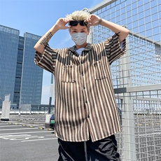 复古竖条纹针织短袖衬衣男夏季潮流宽松半袖衬衫休闲，男装衬衫，星座716-4