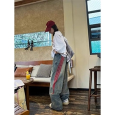 美式复古条纹拼接直筒牛仔裤男女高街设计感宽松做旧工装阔腿裤，男装牛仔裤，星座506A