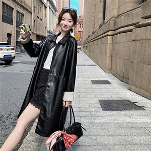 黑色韩里韩气ins风长款皮衣外套女2025秋季新款条纹拼接pu皮夹克图片