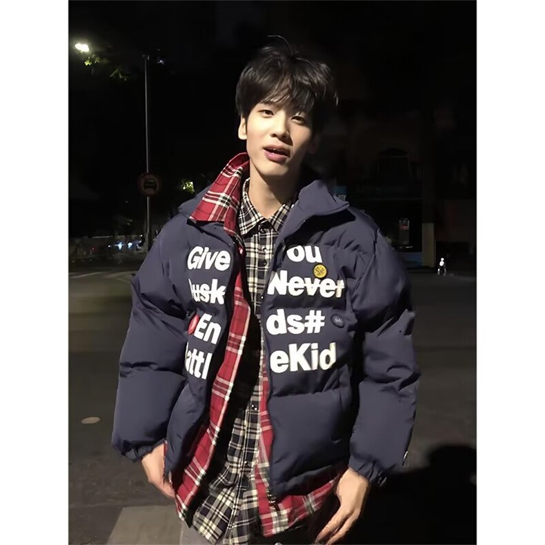 潮牌美式假两件格子棉服外套男女冬季情侣徽章保暖棉衣LW2100-P70,男装棉衣,星座1008