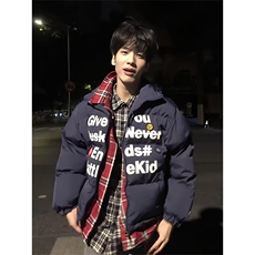 潮牌美式假两件格子棉服外套男女冬季情侣徽章保暖棉衣LW2100-P70，男装棉衣，星座1008