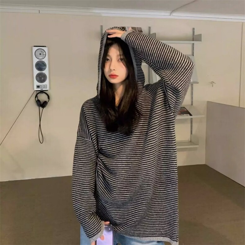 欧洲站时尚条纹针织衫女2025春装新款连帽设计长袖宽松中长款毛衣,男装针织衫/毛衣,星座1210-1