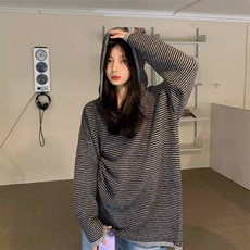 欧洲站时尚条纹针织衫女2025春装新款连帽设计长袖宽松中长款毛衣，男装针织衫/毛衣，星座1210-1