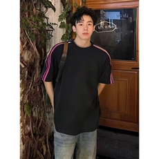 抖音得物品质二开240克宽松纯棉美式潮牌印花三条杠中性风短袖T恤，男装T恤，电商A486-1