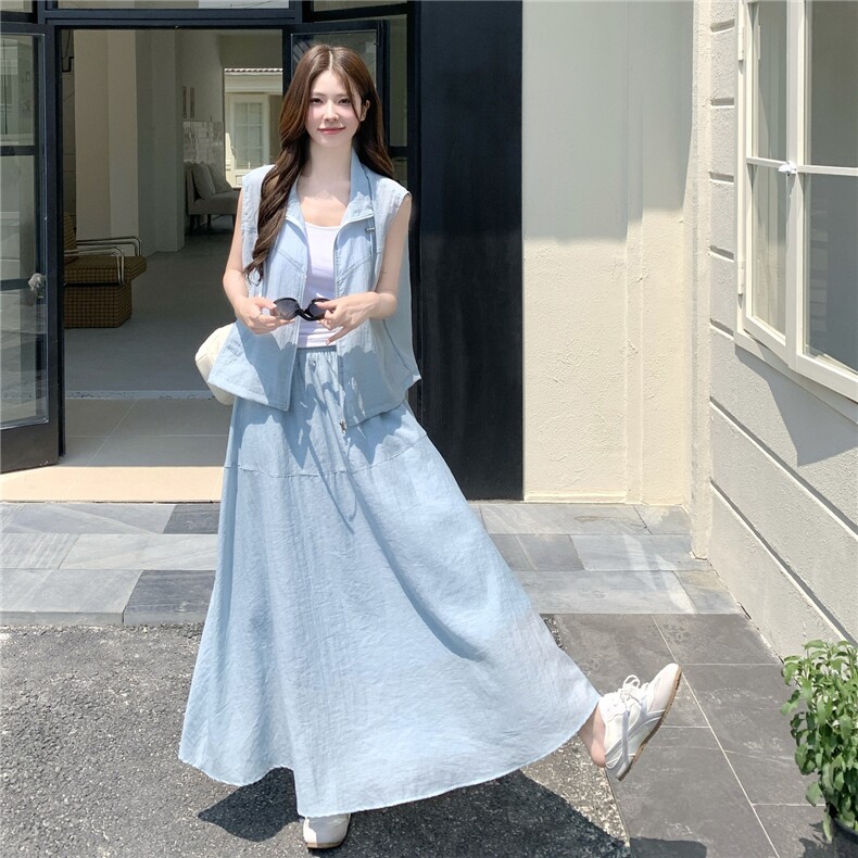 韩版减龄蓝色马甲半身裙套装女2025夏季新款慵懒风宽松休闲两件套图片