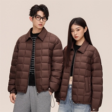 标90%轻薄款复古棋盘格翻领羽绒服男女同款秋冬季防寒外套P210，男装羽绒服，星座1210A