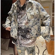 春秋破坏老花刺绣牛仔衣潮流男女情侣青花瓷花卉提花长袖外套，男装夹克，星座506A
