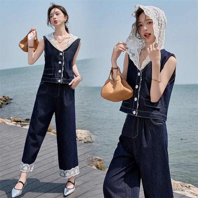 蕾丝拼接牛仔马甲直筒阔腿裤套装两件套女夏季盐系甜美减龄设计感，女装套装/套裙，时尚风爆