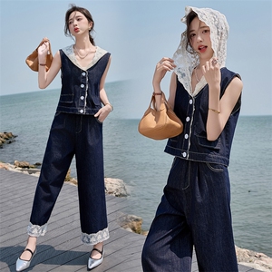 蕾丝拼接牛仔马甲直筒阔腿裤套装两件套女夏季盐系甜美减龄设计感，女装套装/套裙，时尚风爆