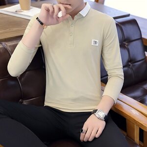 咖啡厅6701-P40男士薄款POLO衫男纯色修身纯棉翻领长袖t恤有领男图片
