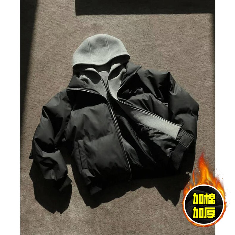 现货高品质重磅工艺美式高街假两件PU皮棉衣男女加厚棉服外套,男装棉衣,电商A443