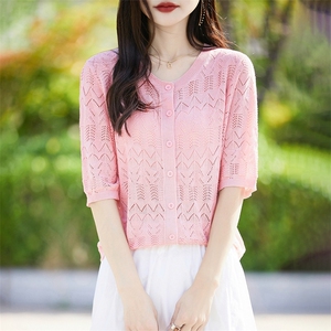 夏季新款简约时尚百搭女士菱形镂空提花圆领短袖开衫图片