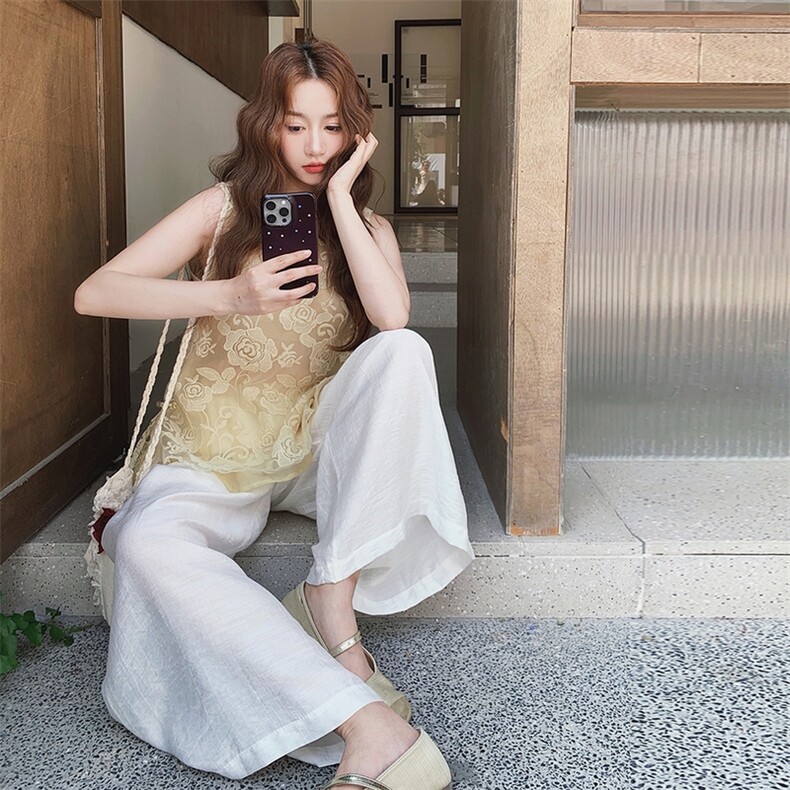 新中式国风碎花无袖衬衫阔腿裤套装女夏2025新款两件套清纯系穿搭,女装套装/套裙,浙宝217