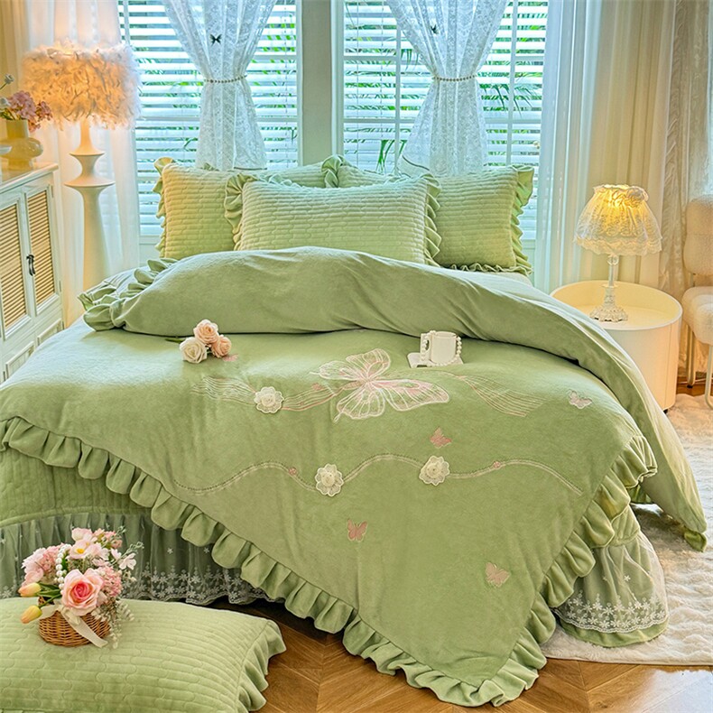 2025新款高克重牛奶绒花边夹棉四件套-蝴蝶纷飞，床品套件，一起卖家纺