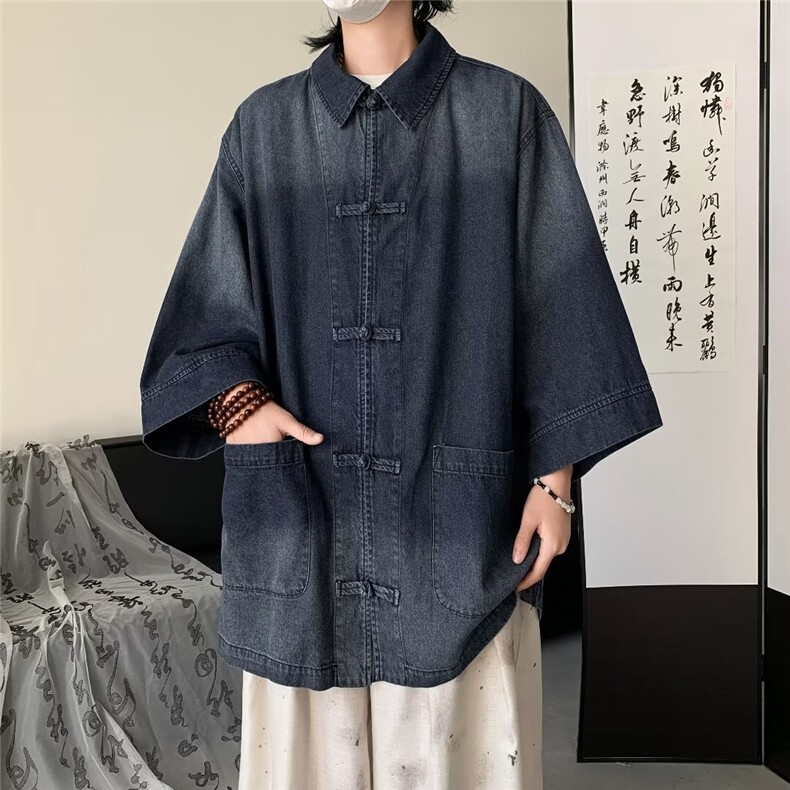 新款新中式盘扣牛仔衬衫外套男女宽松设计感短袖衬衣潮N9866-p65,男装衬衫,星座1008