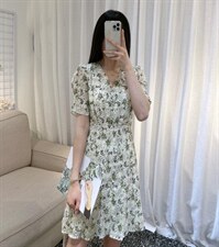 DINOBIENS【现货】夏季新款V领收腰碎花连衣裙，女装连衣裙，迪诺比亚