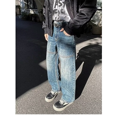 高街水洗蓝色牛仔裤男宽松做旧青少年微喇直筒阔腿裤子NZT814，男装牛仔裤，星座516A