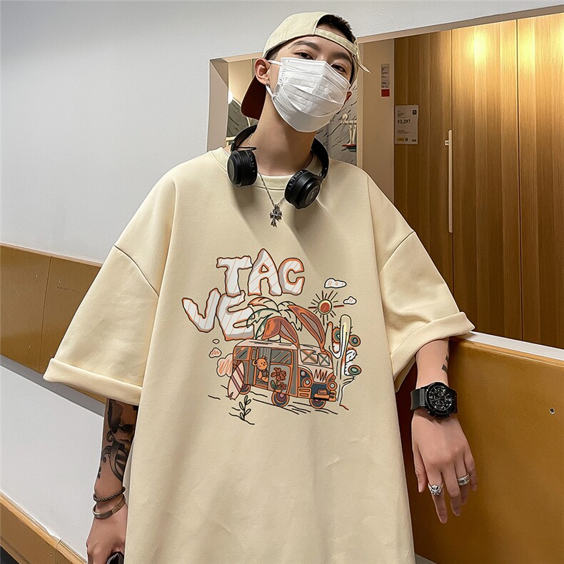 港风23新款夏季时尚百搭圆领卡通印花宽松短袖T恤T61107P25控38,男装T恤,电商A268A